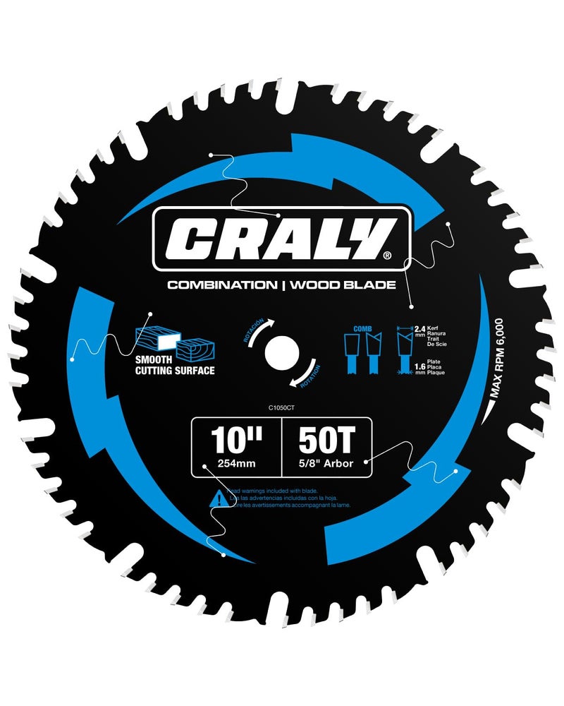 CRALY 10 Inch 50 Teeth Combination Saw Blade, 5/8 Inch Arbor Carbide Tipped Circular Saw Blade, Thin Kerf, Black Ice Coating, for Cutting Wood & Wood Composites with Table Saw, Miter Saw(C1050CT) - Image 1